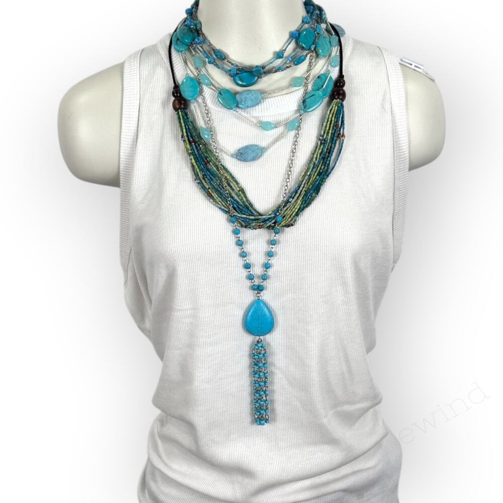 Turquoise Beaded Necklace Lot Stack of 4 Multi Strand Layering Opera Choker Boho
